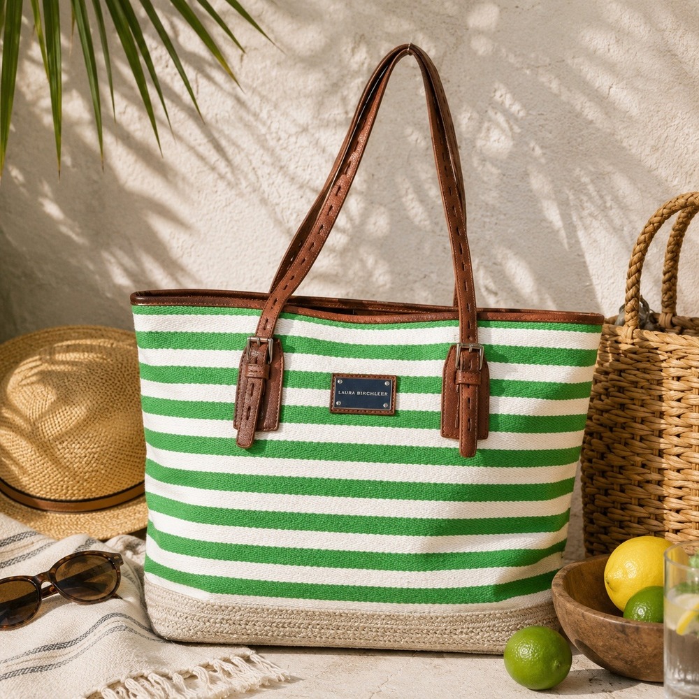 Dana Buchman Green White Striped Canvas Tote Bag Brown Straps Zebra Lining
